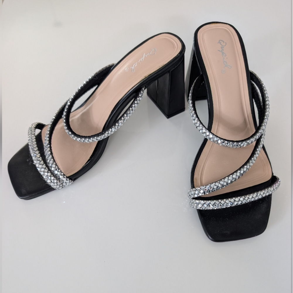 Open Toe  Black and Silver Studded Women's Heels